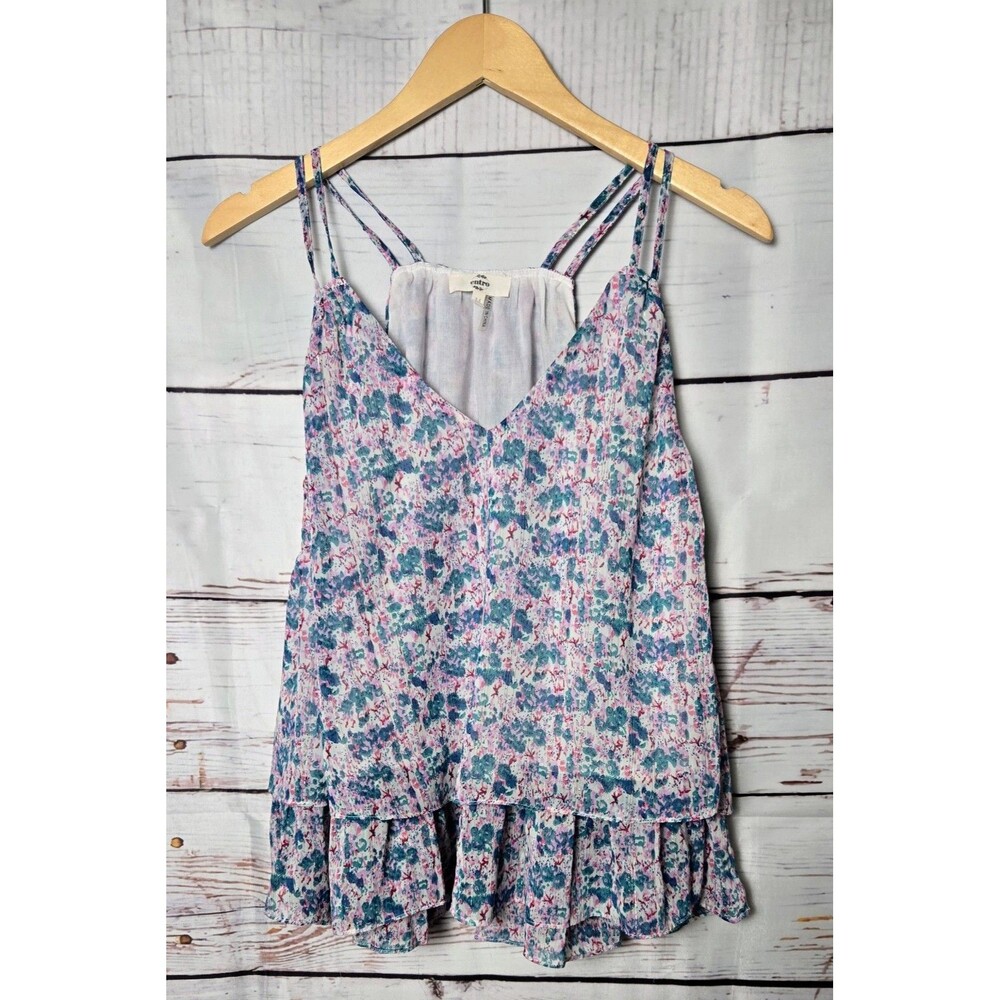 Entro Womens Cami Top Size M Blue Pink Floral Strappy Tiered Ruffle Hem Boho